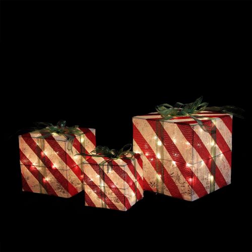  Northlight Set of 3 Lighted White and Red Striped Gift Box Outdoor Christmas Decorations