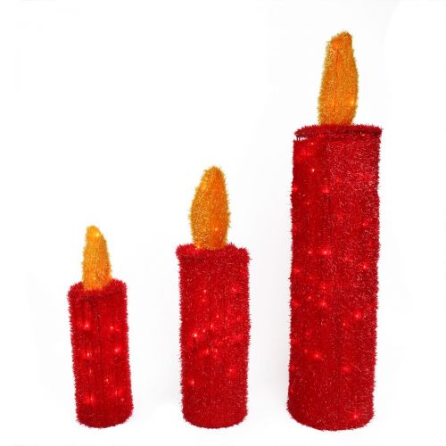  Northlight Set of 3 Pre-Lit Red and Gold Tinsel Candle Christmas Outdoor Decorations