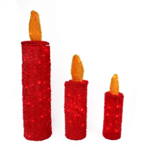  Northlight Set of 3 Pre-Lit Red and Gold Tinsel Candle Christmas Outdoor Decorations