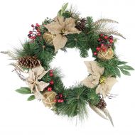 Northlight 24 Autumn Harvest Burlap Poinsettia Moss Ball Mixed Pine and Berries Fall Wreath - Unlit