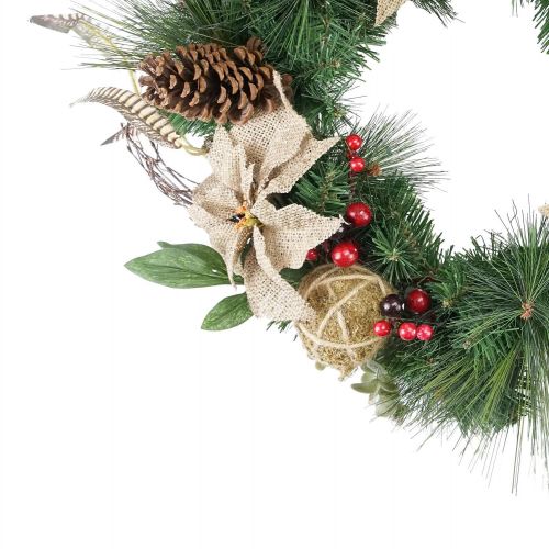  Northlight 24 Autumn Harvest Burlap Poinsettia Moss Ball Mixed Pine and Berries Fall Wreath - Unlit