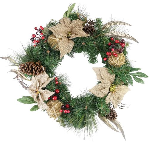  Northlight 24 Autumn Harvest Burlap Poinsettia Moss Ball Mixed Pine and Berries Fall Wreath - Unlit