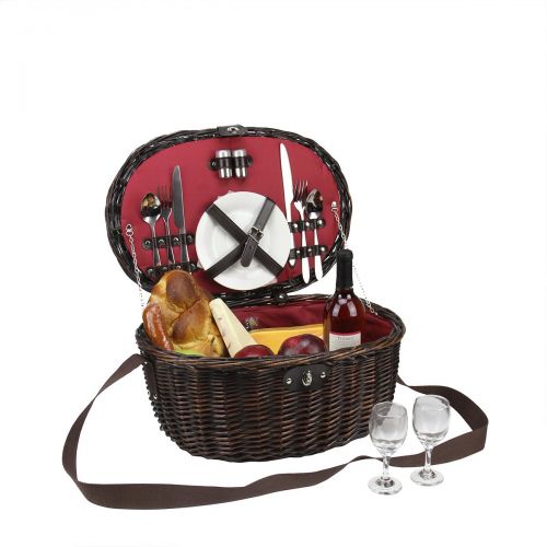  Northlight 2-Person Hand Woven Red Sateen Chocolate Brown Willow Picnic Basket Set with Accessories