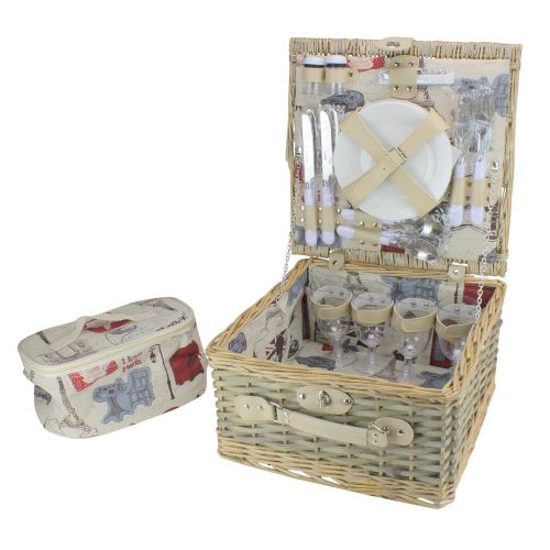  Northlight 4-Person Hand Woven Warm Gray and Natural I Love Paris Willow Picnic Basket Set with Accessories