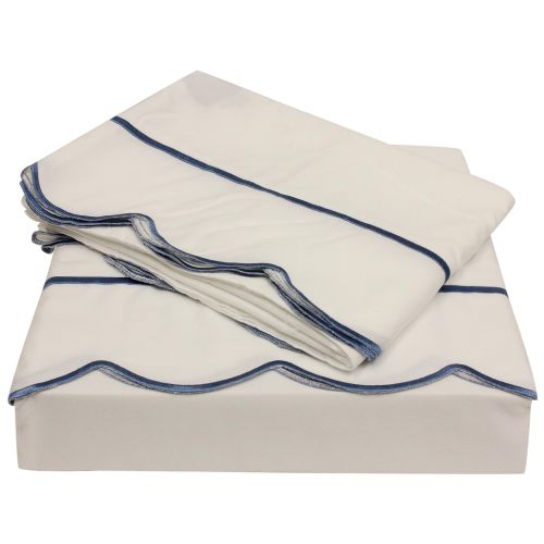  Northpoint Bleu & Blanc Embroidered Hem Scalloped Edge Luxury Sheet Set, Twin, Nautical Blue