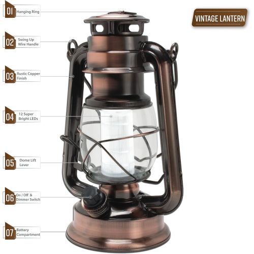  [아마존베스트]Northpoint Vintage Style Copper Hurricane Lantern with 12 LEDs and 150 Lumen Light Output and Dimmer switch, Battery Operated Hanging Lantern for Indoors and Outdoor Usage