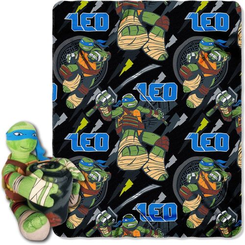  Northwest Nickelodeons Teenage Mutant Ninja Turtles, Leo Strikes Hugger Character Shaped Pillow and Fleece Throw Blanket Set, 40 x 50, Multi Color