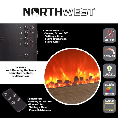  Northwest Electric LED Fireplace Wall Mounted with 13 Backlight, 10 Flame Colors, Timer and Remote Control NO Heat, 24 Rustic Wood