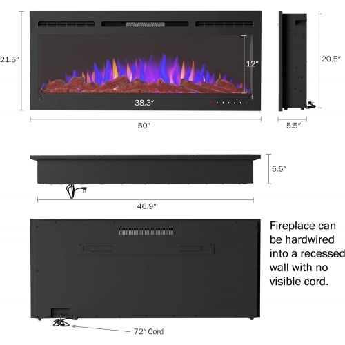  Northwest 80-EFFV-3 50” Electric Fireplace-Front Vent, Wall Mount or Recessed-3 Color LED Flame?Log, Pebbles & Crystal, Touch Screen, Remote Control (Black), (L) x (W) 5.5” x (H) 2