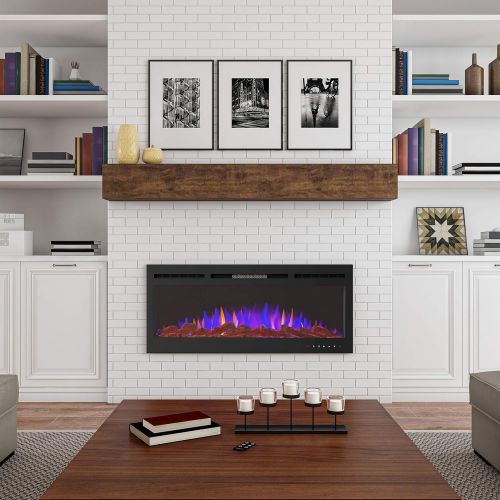  Northwest 80-EFFV-3 50” Electric Fireplace-Front Vent, Wall Mount or Recessed-3 Color LED Flame?Log, Pebbles & Crystal, Touch Screen, Remote Control (Black), (L) x (W) 5.5” x (H) 2