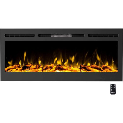  50” Electric Fireplace-Front Vent for Wall Mount or Recessed-Realistic LED Flame-Faux Log & Crystal Media Options, Remote Control by Northwest (Black)