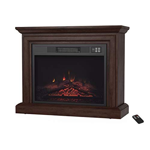  Mobile Electric Fireplace with Mantel-Portable Heater on Wheels, Remote Control, LED Flames & Faux Logs, Adjustable Heat & Light by Northwest (Brown)