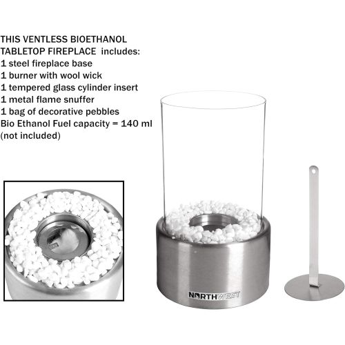  Northwest Bio Ethanol Ventless Fireplace-Tabletop Cylinder Real Flame Smokeless Clean Burning Indoor Outdoor Portable Heat-360 View Modern Decor, (L) 6.5”x (W) 6.5”x (H) 10.6”, Sil