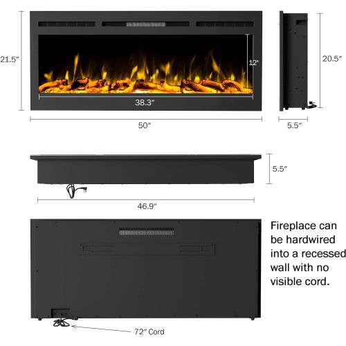  Northwest 80-EFFV-5 (Black) 50” Electric Fireplace-Front Vent for Wall Mount or Recessed-Realistic LED Flame-Faux Log & Crystal Media Options, Remote Control, (L) x (W) 5.5” x (H)