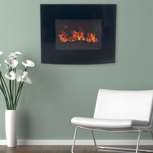  Wall-Mounted Electric Fireplace - Curved Glass Heater for Indoor Use With Log Fuel Effect, Adjustable Flames, and Remote Control (Black Curved) by Northwest