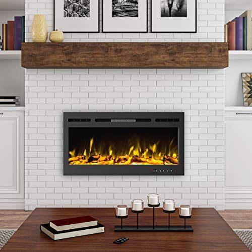  Northwest 80-EFFV-2 (Black) 36” Electric Fireplace-Front Vent for Wall Mount or Recessed-Realistic LED Flame-Faux Log & Crystal Media Options, Remote Control, (L) x (W) 5.5” x (H)