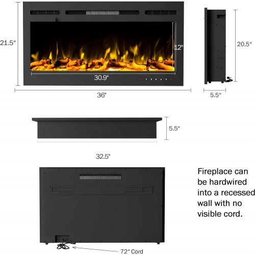  Northwest 80-EFFV-2 (Black) 36” Electric Fireplace-Front Vent for Wall Mount or Recessed-Realistic LED Flame-Faux Log & Crystal Media Options, Remote Control, (L) x (W) 5.5” x (H)