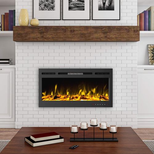  Northwest 80-EFFV-2 (Black) 36” Electric Fireplace-Front Vent for Wall Mount or Recessed-Realistic LED Flame-Faux Log & Crystal Media Options, Remote Control, (L) x (W) 5.5” x (H)