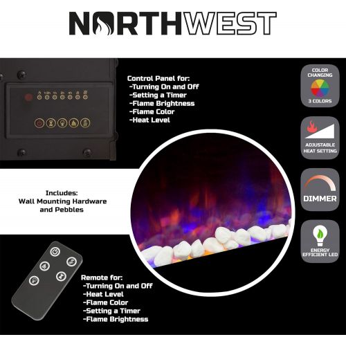  Northwest Fire and Ice 42 inch Electric 42-inch Wall-Mounted Fireplace Heater with LED Remote-Adjustable Heat Level, Brightness, and Flame Color, (L) x (W) 4.75” x (H) 20”, Black