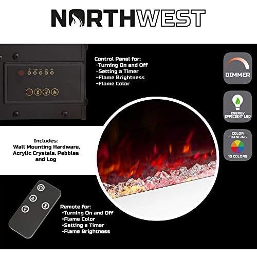  Northwest Electric Fireplace Wall Mounted, Color Changing LED Flame and Remote, 36 Inch, (White) 36-inch Modern Wall-Mounted-10, 3 Media Backgrounds with Adjustable Brightness, 36