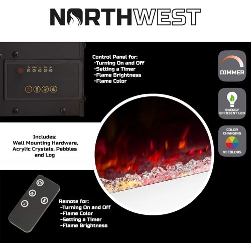  Northwest Electric Fireplace Wall Mounted, Color Changing LED Flame and Remote, 36 Inch, (White) 36-inch Modern Wall-Mounted-10, 3 Media Backgrounds with Adjustable Brightness, 36