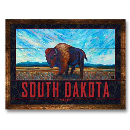  Northwest Art Mall South Dakota Open Range Bison Rustic Wood Art Print from Oil Painting by Artist Kari Lehr 9 x 12