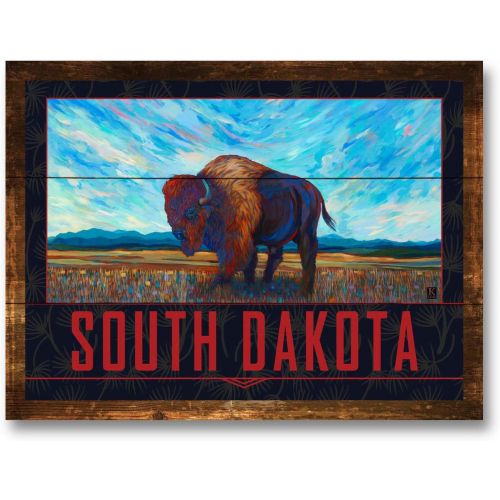  Northwest Art Mall South Dakota Open Range Bison Rustic Wood Art Print from Oil Painting by Artist Kari Lehr 9 x 12