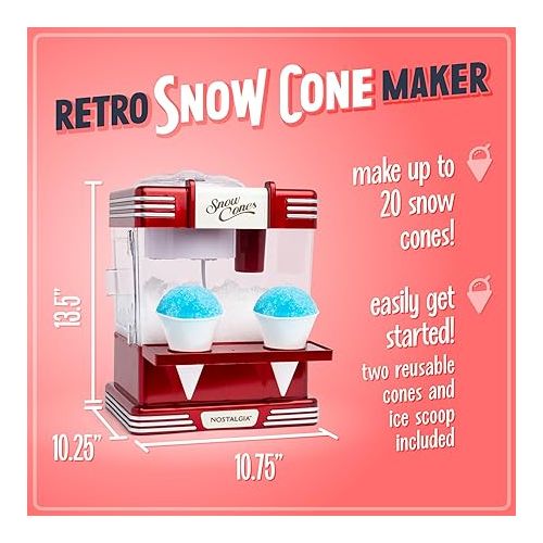  Nostalgia Snow Cone Shaved Ice Machine - Retro Table-Top Slushie Machine Makes 20 Icy Treats - Includes 2 Reusable Plastic Cups & Ice Scoop - Retro Red