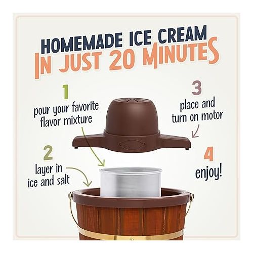  Nostalgia Electric Ice Cream Maker - Old Fashioned Soft Serve Ice Cream Machine Makes Frozen Yogurt or Gelato in Minutes - Fun Kitchen Appliance - Vintage Wooden Style - Dark Wood - 4 Quart