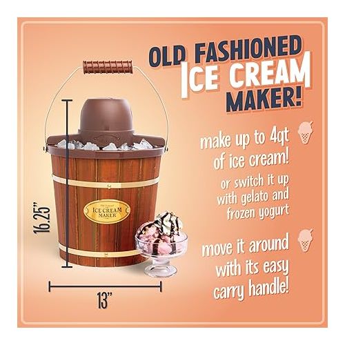  Nostalgia Electric Ice Cream Maker - Old Fashioned Soft Serve Ice Cream Machine Makes Frozen Yogurt or Gelato in Minutes - Fun Kitchen Appliance - Vintage Wooden Style - Dark Wood - 4 Quart