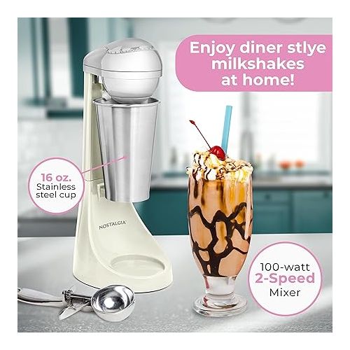  Nostalgia Two-Speed Electric Milkshake Maker and Drink Mixer, Includes 16-Ounce Stainless Steel Mixing Cup and Rod, Cream