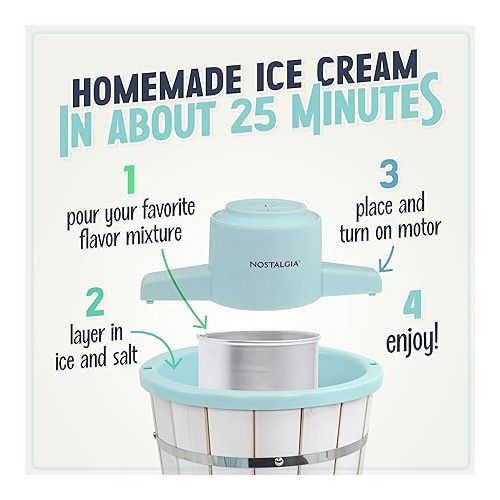  Nostalgia Electric Ice Cream Maker - Wood Bucket Parlor Style, Old Fashioned Soft Serve Ice Cream Machine Makes Frozen Yogurt or Gelato in Minutes - Fun Kitchen Appliance - White & Aqua - 4 Quart