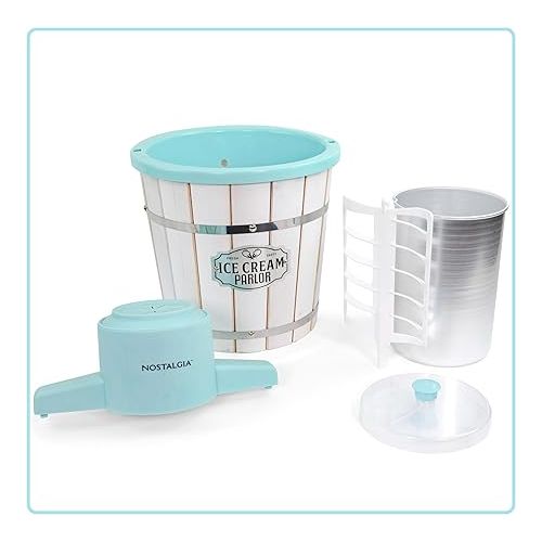  Nostalgia Electric Ice Cream Maker - Wood Bucket Parlor Style, Old Fashioned Soft Serve Ice Cream Machine Makes Frozen Yogurt or Gelato in Minutes - Fun Kitchen Appliance - White & Aqua - 4 Quart