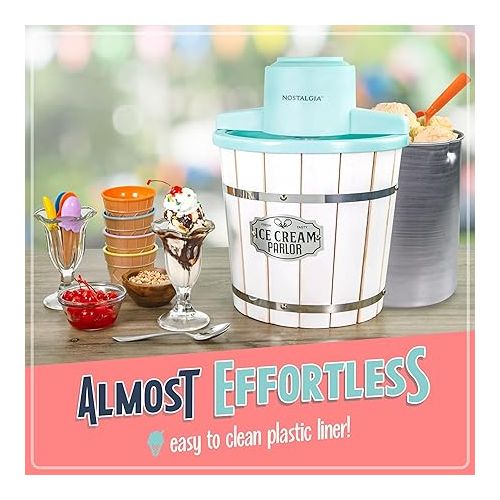  Nostalgia Electric Ice Cream Maker - Wood Bucket Parlor Style, Old Fashioned Soft Serve Ice Cream Machine Makes Frozen Yogurt or Gelato in Minutes - Fun Kitchen Appliance - White & Aqua - 4 Quart