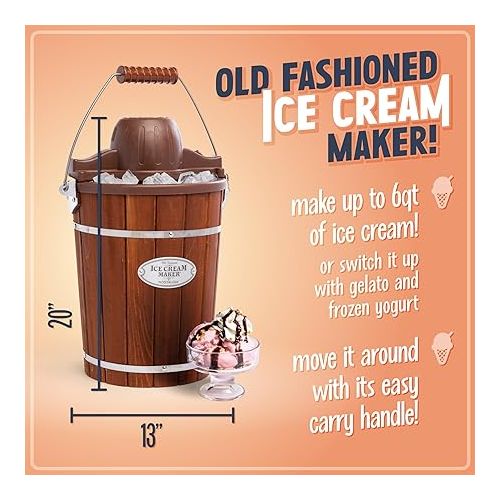  Nostalgia Electric Ice Cream Maker - Old Fashioned Soft Serve Ice Cream Machine Makes Frozen Yogurt or Gelato in Minutes - Fun Kitchen Appliance - Vintage Wooden Style - Dark Wood - 6 Quart