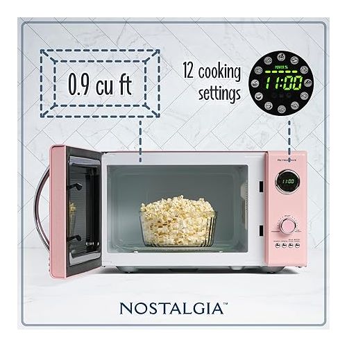  Nostalgia Retro Countertop Microwave Oven - Large 800-Watt - 0.9 cu ft - 12 Pre-Programmed Cooking Settings - Digital Clock - Kitchen Appliances - Pink