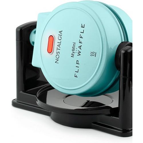  Nostalgia MyMini Flip Belgian Waffle Maker, Waffle Iron with Non-Stick Surfaces, Cool Touch Handles, & Removable Drip Tray, Makes Classic Belgian Style Waffles, Egg Bakes, Cinnamon Rolls, Aqua