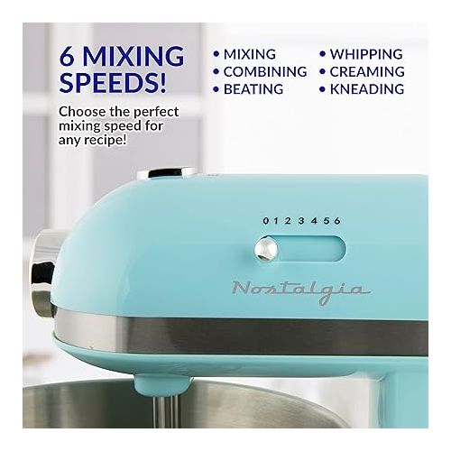  Nostalgia Classic Retro Professional 3.5 Qt Stand Mixer with Tilt Head and Stainless Steel Bowl, Six-Speed, Includes Dough Hooks and Beaters, Aqua