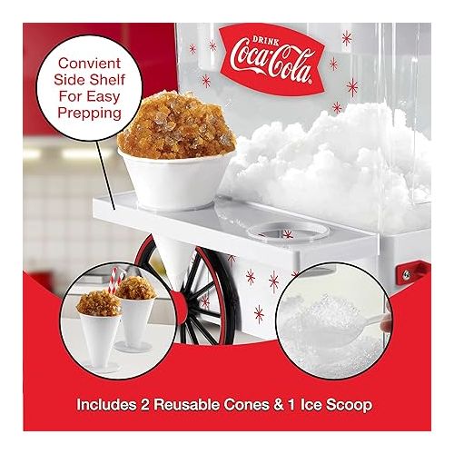 Nostalgia Coca-Cola Snow Cone Shaved Ice Machine - Coke Retro Table-Top Slushie Machine Makes 20 Icy Treats - Includes 2 Reusable Plastic Cups & Ice Scoop - White & Red