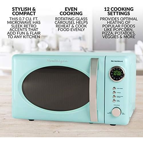  [아마존베스트]Nostalgia RMO7AQ Retro 0.7 cu ft 700-Watt Countertop Microwave Oven, 12 Pre Programmed Cooking Settings, Digital Clock, Easy Clean Interior, Aqua