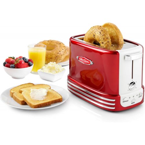  Nostalgia RTOS200 New and Improved Wide 2-Slice Toaster, Perfect For Bread, English Muffins, Bagels, 5 Browning Levels, With Crumb Tray & Cord Storage  Retro Red