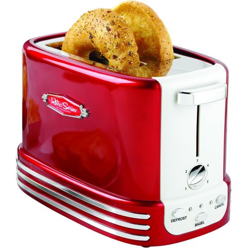  Nostalgia RTOS200 New and Improved Wide 2-Slice Toaster, Perfect For Bread, English Muffins, Bagels, 5 Browning Levels, With Crumb Tray & Cord Storage  Retro Red