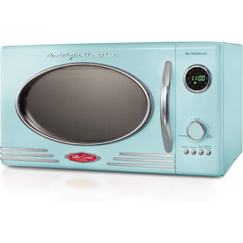  Nostalgia RMO4AQ Retro Large 0.9 Cu Ft, 800-Watt Countertop Microwave Oven, 12 Pre-Programmed Cooking Digital Clock, Easy Clean Interior, Aqua