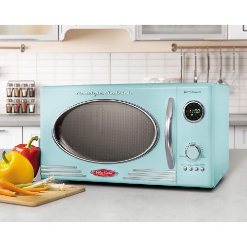  Nostalgia RMO4AQ Retro Large 0.9 Cu Ft, 800-Watt Countertop Microwave Oven, 12 Pre-Programmed Cooking Digital Clock, Easy Clean Interior, Aqua