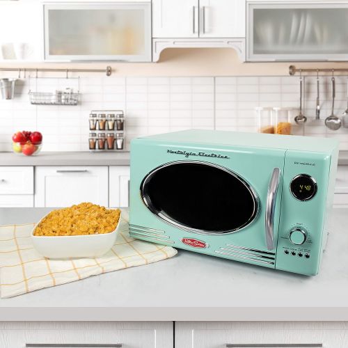  Nostalgia RMO4AQ Retro Large 0.9 Cu Ft, 800-Watt Countertop Microwave Oven, 12 Pre-Programmed Cooking Digital Clock, Easy Clean Interior, Aqua
