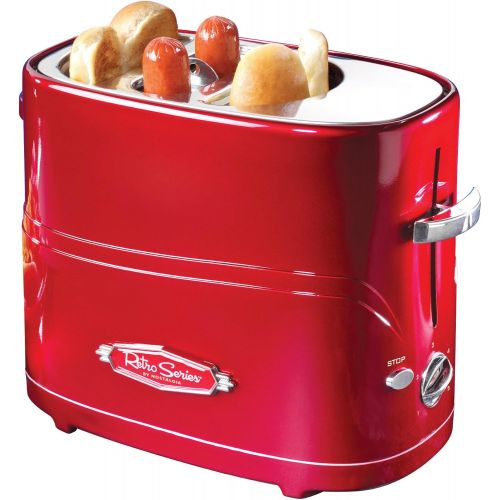  Nostalgia HDT600RETRORED Pop-Up 2 Hot Dog and Bun Toaster With Mini Tongs Works with Chicken, Turkey, Veggie Links, Sausages and Brats, Pack of 1, Retro Red