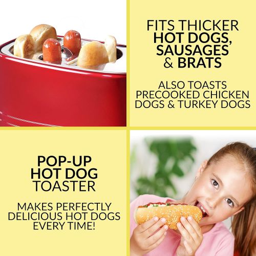  Nostalgia HDT600RETRORED Pop-Up 2 Hot Dog and Bun Toaster With Mini Tongs Works with Chicken, Turkey, Veggie Links, Sausages and Brats, Pack of 1, Retro Red