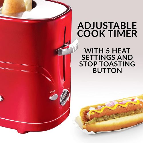  Nostalgia HDT600RETRORED Pop-Up 2 Hot Dog and Bun Toaster With Mini Tongs Works with Chicken, Turkey, Veggie Links, Sausages and Brats, Pack of 1, Retro Red