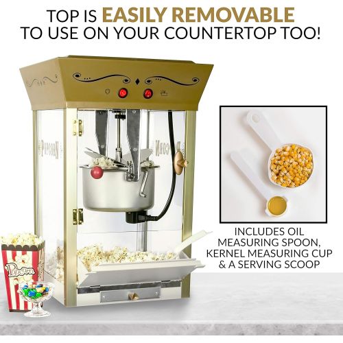  Nostalgia Popcorn Maker Professional Cart, 8 Oz Kettle Makes Up to 32 Cups, Vintage Movie Theater Popcorn Machine with Three Candy Dispensers and Interior Light, Measuring Spoons a