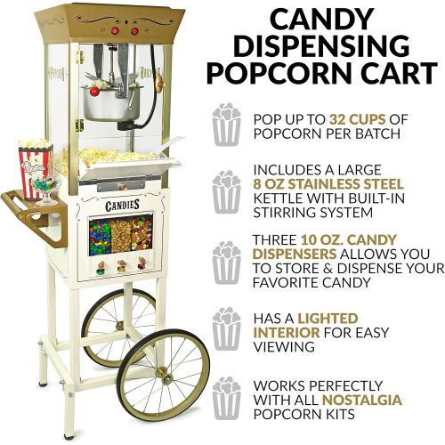  Nostalgia Popcorn Maker Professional Cart, 8 Oz Kettle Makes Up to 32 Cups, Vintage Movie Theater Popcorn Machine with Three Candy Dispensers and Interior Light, Measuring Spoons a